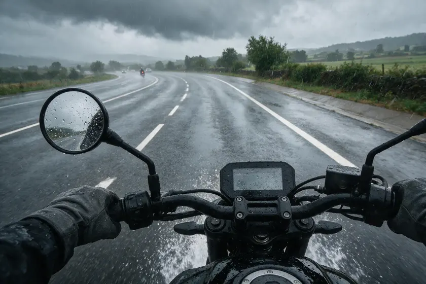Carretera con lluvia intensa vista desde el manillar de una motocicleta, con la calzada encharcada y gotas en los retrovisores