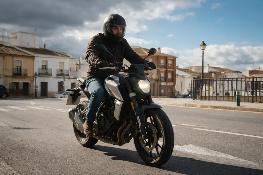 Motocicleta circulando de día con la luz de cruce encendida
