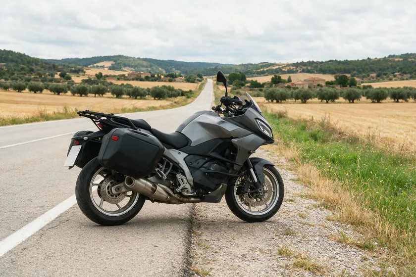 Motocicleta con maletas laterales rígidas montadas a ambos lados, parada en el arcén
