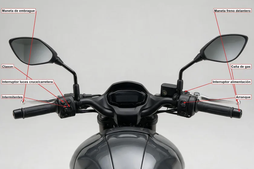 Diagrama del manillar de una motocicleta con flechas que señalan la maneta de embrague, el interruptor de luces de cruce/carretera, los intermitentes, el claxon, la maneta de freno delantero, la caña de gas, el interruptor de alimentación y el botón de arranque