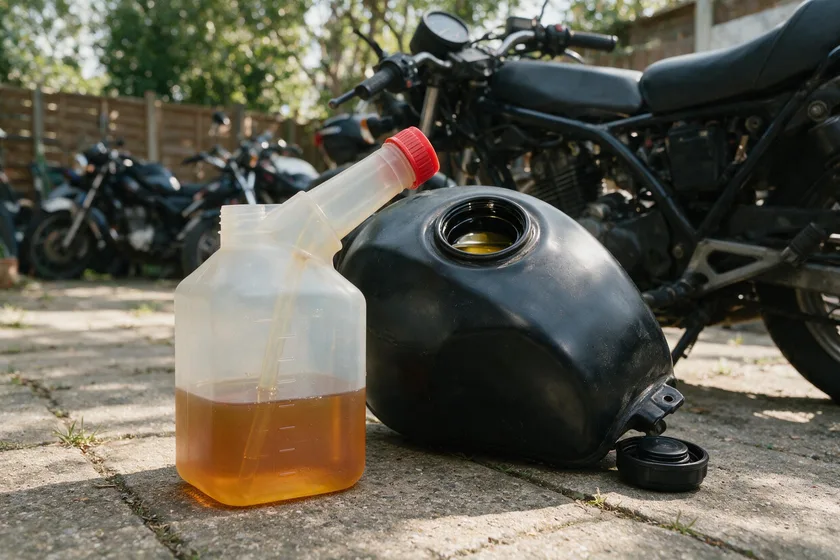 Mezcla de gasolina y aceite para motor de dos tiempos, junto al depósito de una motocicleta