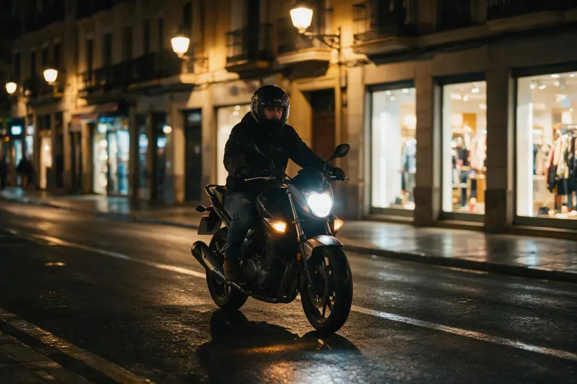 Motocicleta circulando de noche por una calle bien iluminada con la luz de cruce encendida