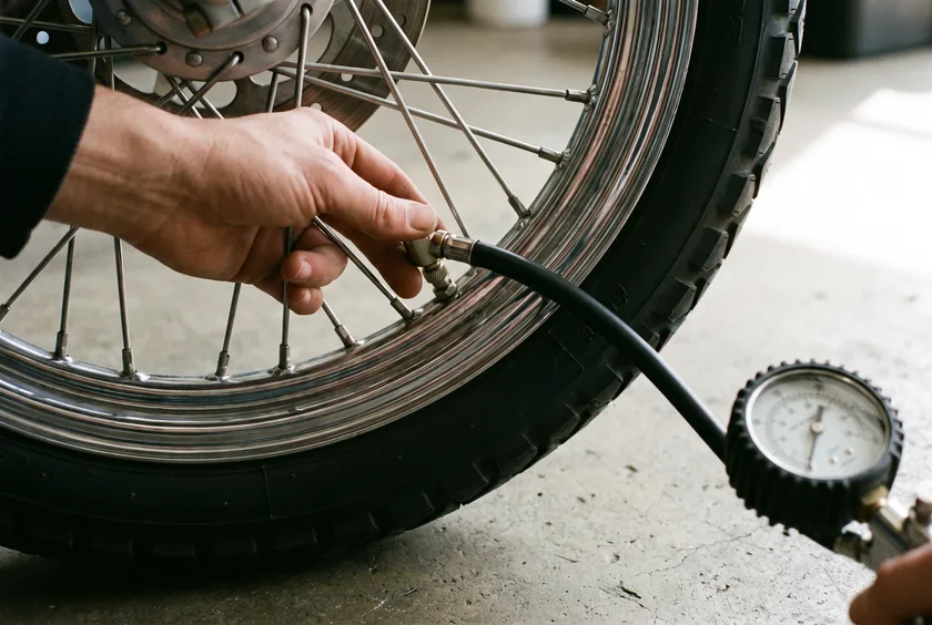 Comprobación de la presión del neumático delantero de una motocicleta: el conector está enroscado en la válvula de la llanta y la manguera baja hasta el manómetro