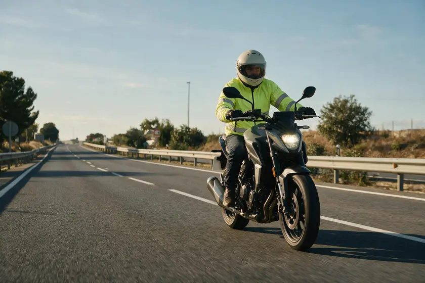 Motorista con ropa reflectante y la luz de cruce encendida de día