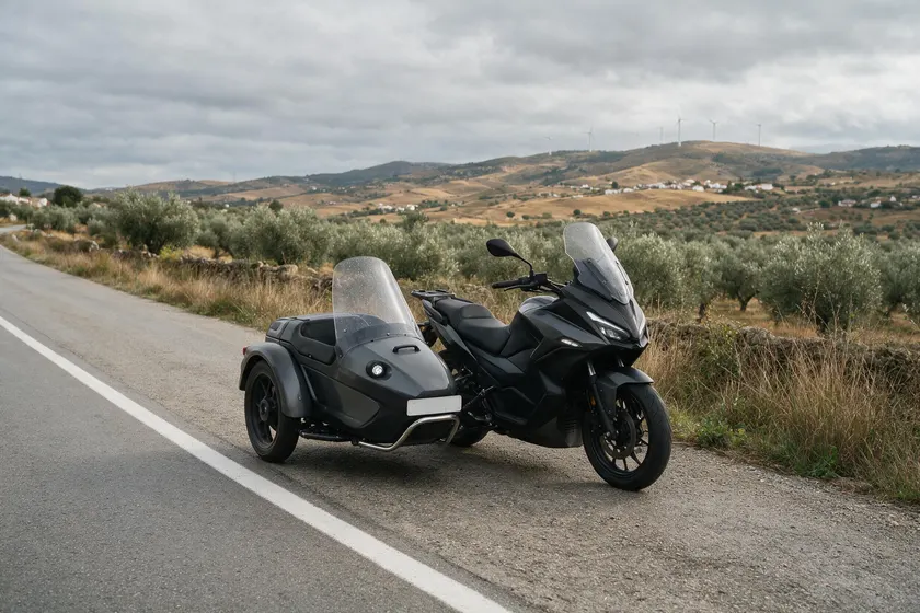 Motocicleta moderna con sidecar acoplado, parada en el arcén de una carretera