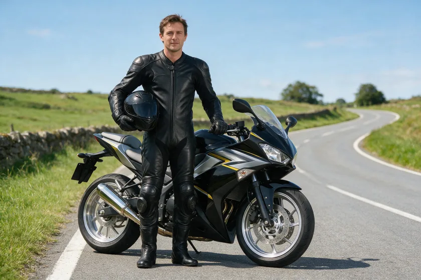 Motorista con traje integral de cuero, con protecciones en hombros y rodillas, junto a su moto
