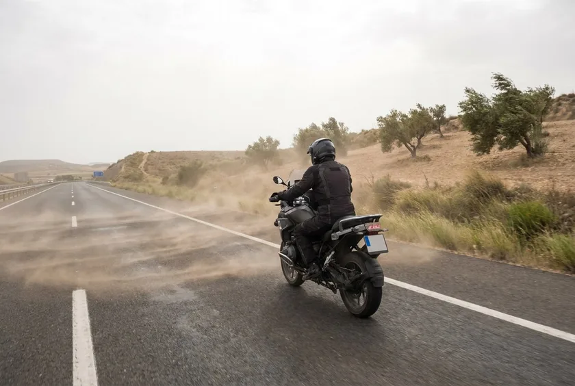 Motorista circulando por una carretera batida por viento lateral fuerte que levanta polvo y dobla los árboles
