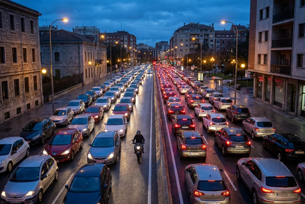 Vista elevada de una avenida urbana al anochecer con dos calzadas colapsadas de coches parados con las luces encendidas, y un motorista circulando por el hueco entre las filas