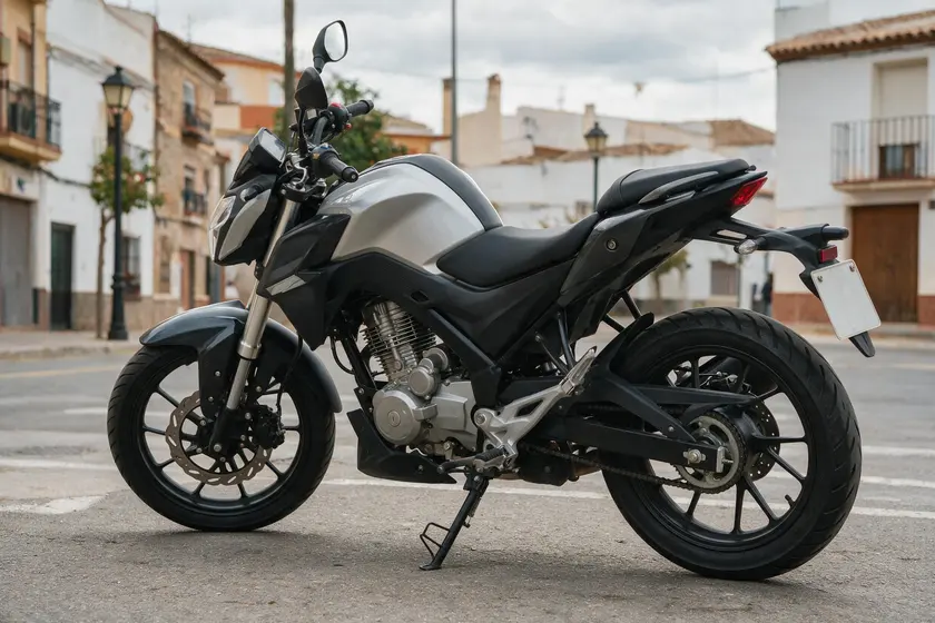Motocicleta de 125 centímetros cúbicos, de dos ruedas y sin sidecar, aparcada en una calle