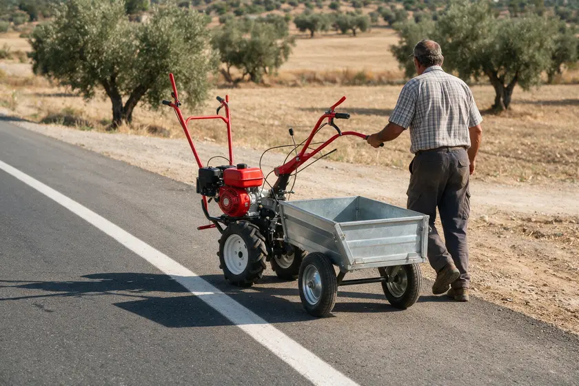 Motocultor con remolque circulando despacio por el borde derecho de una carretera rural