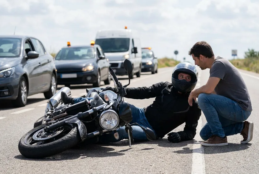 Motorista caído en la calzada junto a su moto, consciente y con el casco puesto, atendido por un hombre agachado mientras los vehículos se detienen detrás