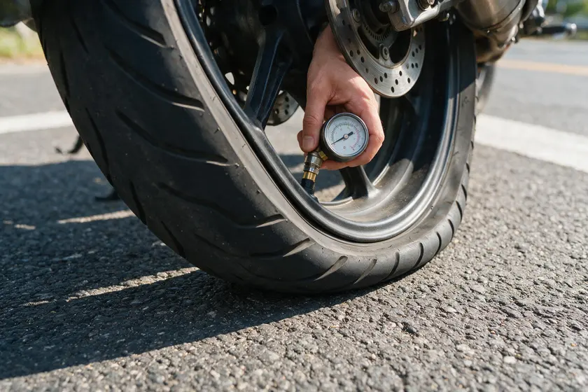 Neumático de moto con baja presión y manómetro de comprobación