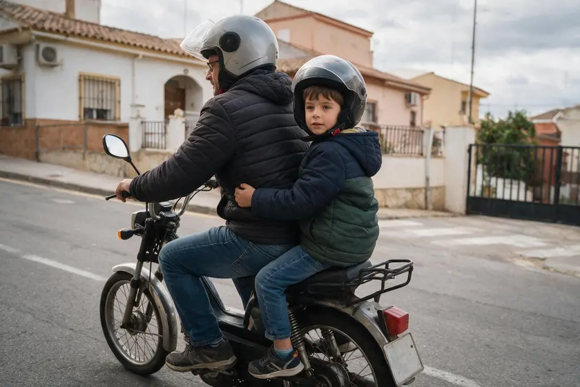 Niño de ocho años como pasajero en un ciclomotor, con casco, junto a un adulto