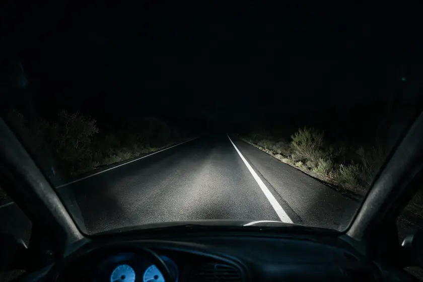 Carretera interurbana de noche vista desde el puesto del conductor, sin alumbrado público: solo iluminan los faros