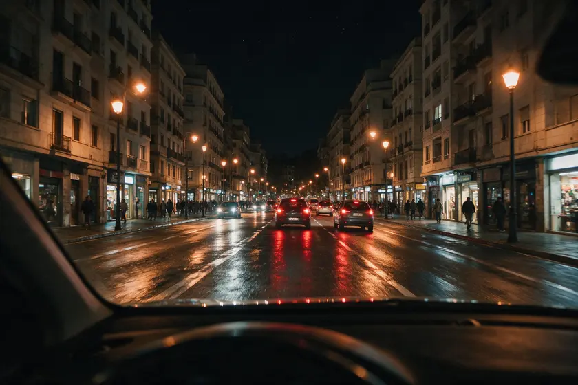 Calle urbana de noche vista desde el puesto del conductor, con el alumbrado público encendido