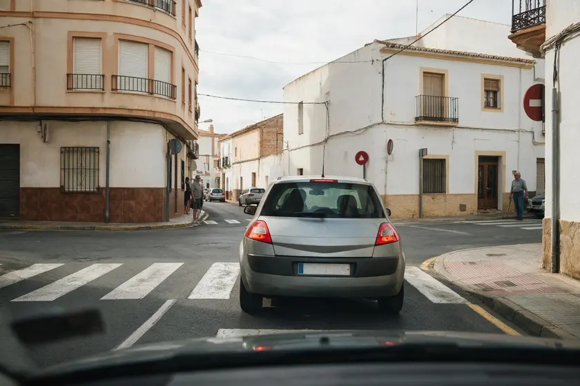 Coche detenido en la esquina de una intersección, quitando visibilidad de la calle transversal