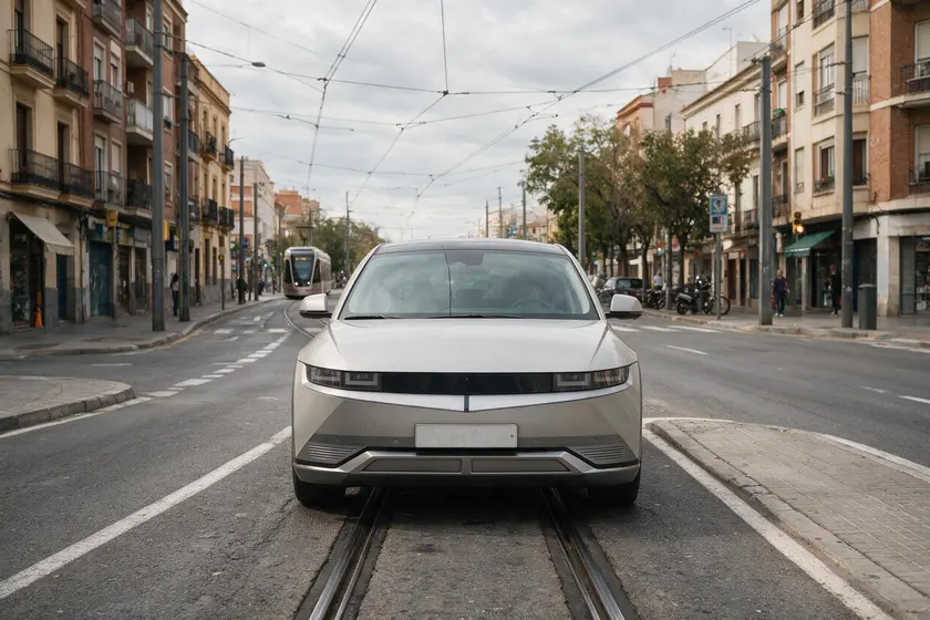 Coche detenido justo encima de los raíles del tranvía, con un tranvía acercándose al fondo