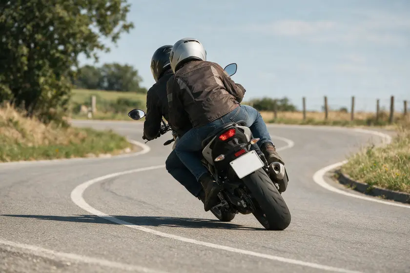 Pasajero de moto inclinándose en la curva igual que el conductor