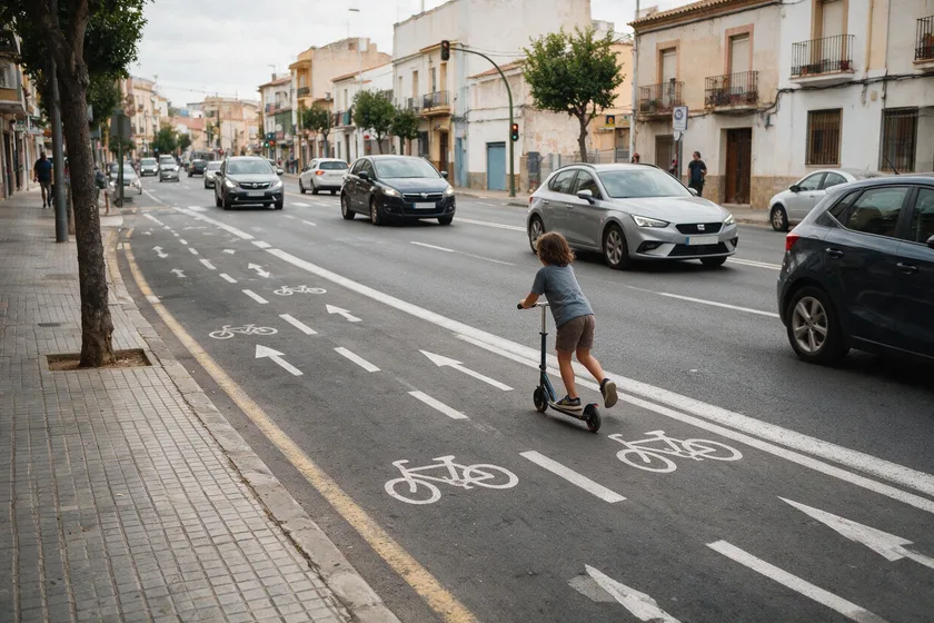 Persona en patinete circulando por un carril reservado, separado de la calzada