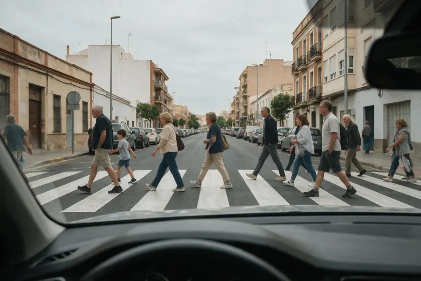 Vehículo detenido ante un paso de peatones con varias personas cruzando