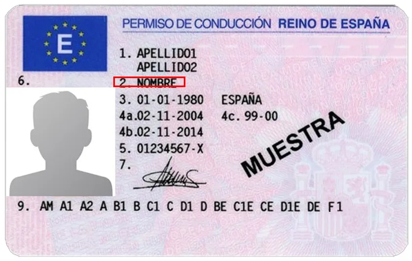 Permiso de conducción español con el epígrafe 2 (nombre) resaltado en un recuadro