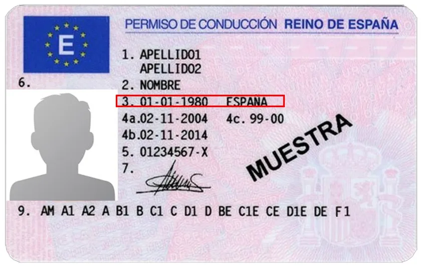 Permiso de conducción español con el epígrafe 3 (fecha y lugar de nacimiento) resaltado en un recuadro