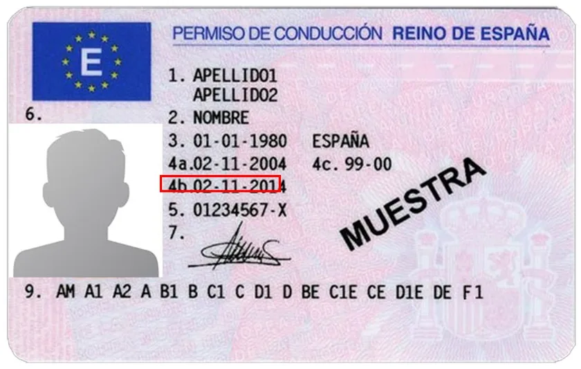 Permiso de conducción español con el campo 4b (fecha de caducidad) resaltado en un recuadro