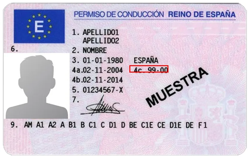 Permiso de conducción español con el campo 4c (autoridad expedidora) resaltado en un recuadro