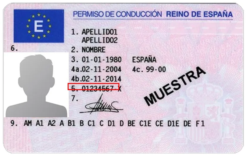 Permiso de conducción español con el epígrafe 5 (número de permiso) resaltado en un recuadro