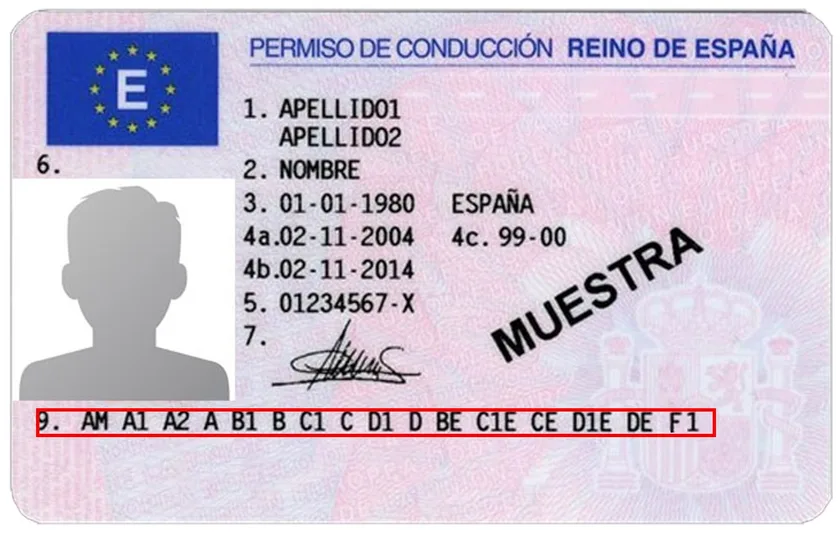 Permiso de conducción español con el epígrafe 9 (categorías autorizadas) resaltado en un recuadro