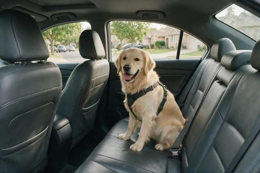 Perro sujeto con arnés y cinturón de seguridad en el asiento trasero de un coche