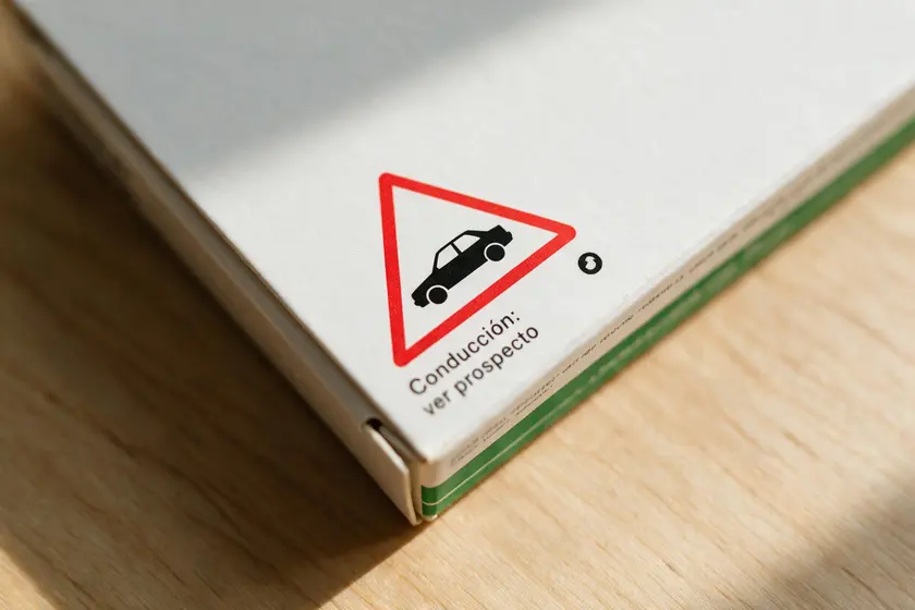 Caja de medicamento con el pictograma triangular rojo del coche