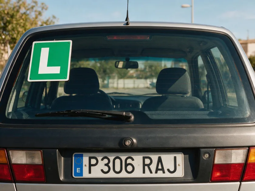 Placa L verde de conductor novel colocada en la parte trasera de un turismo, junto a la matrícula