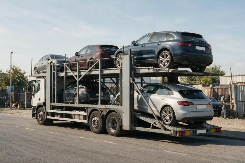 Camión portavehículos cargado en sus dos plataformas