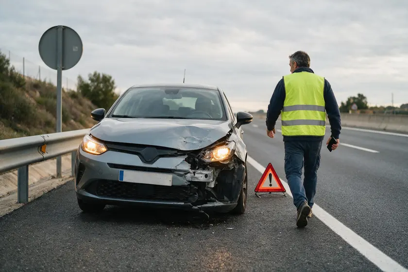 Coche accidentado en el arcén con triángulo y otra persona acercándose a auxiliar