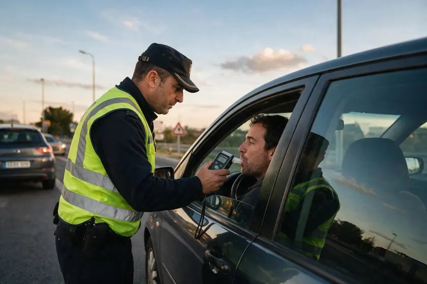 Agente realizando una prueba de alcoholemia con etilómetro a un conductor