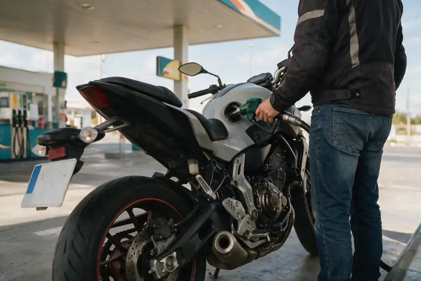 Motocicleta repostando con el motor apagado y la persona de pie junto a ella