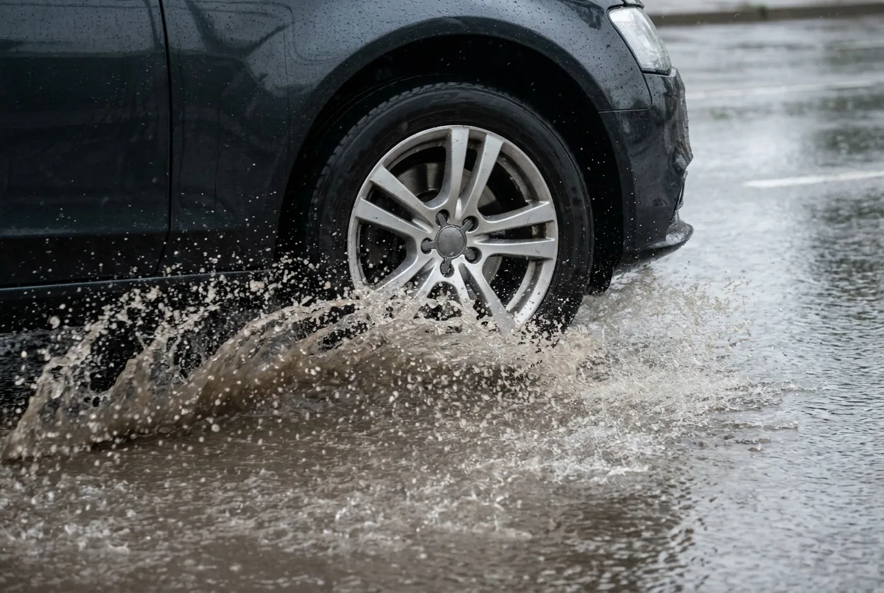 Primer plano lateral de la rueda delantera de un coche atravesando una lámina de agua, con el agua abriéndose violentamente en abanico a los lados del neumático