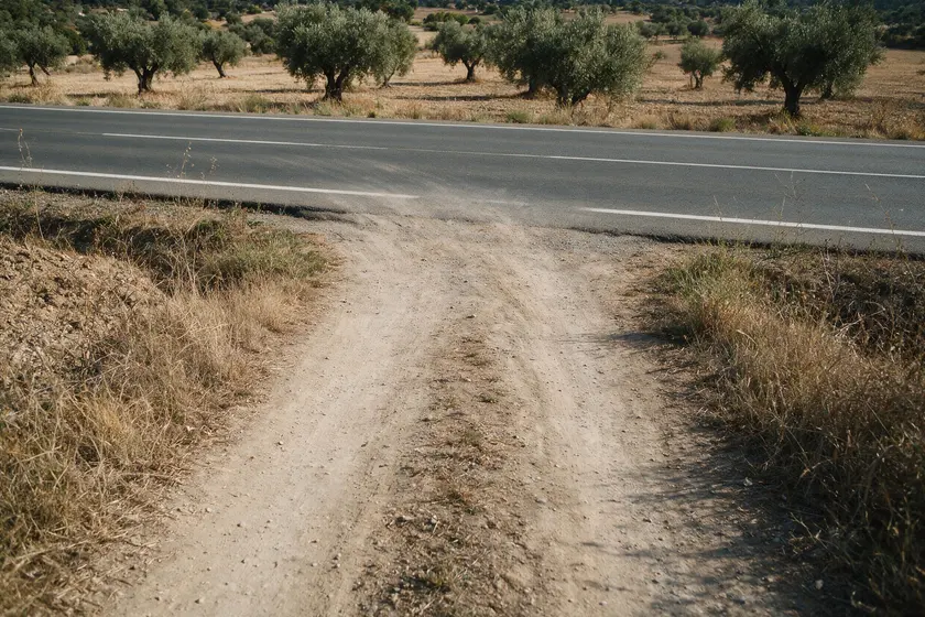 Salida de un camino de tierra privado a una carretera, vista desde el camino