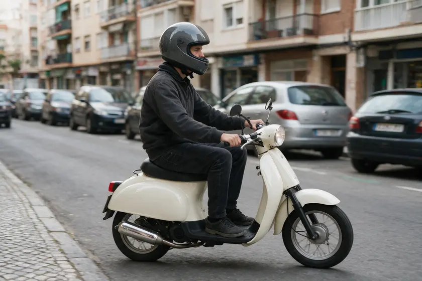 Conductor de ciclomotor circulando por una calle con casco integral abrochado