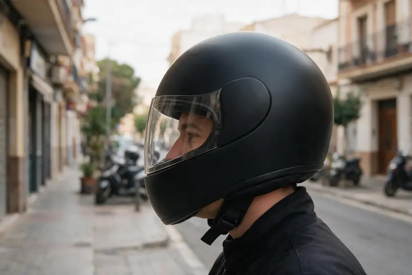 Motorista con casco integral correctamente abrochado, con la correa de barbilla ajustada bajo la mandíbula