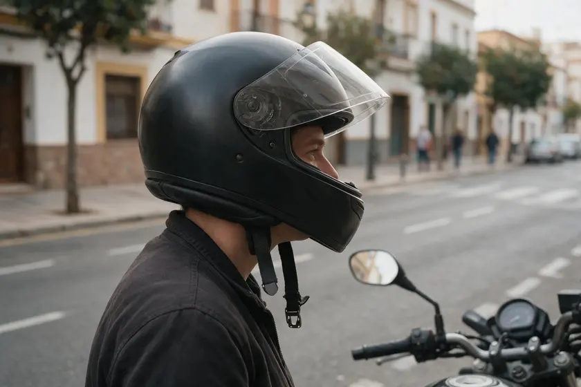 Motorista con el casco puesto pero la correa de barbilla SIN abrochar, con la hebilla colgando suelta