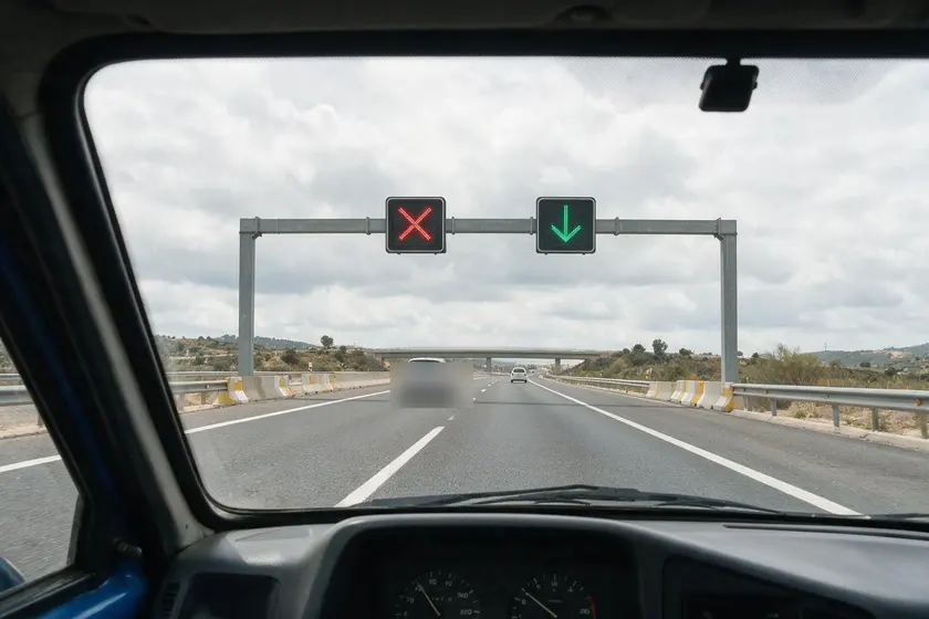 Semáforo de carril en una autovía mostrando un aspa roja sobre el carril, con un carril adyacente mostrando una flecha verde