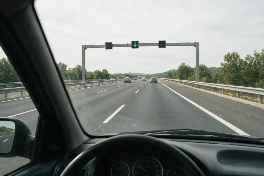 Semáforo de carril en una autovía mostrando una flecha verde apuntando hacia abajo, autorizando la circulación por ese carril