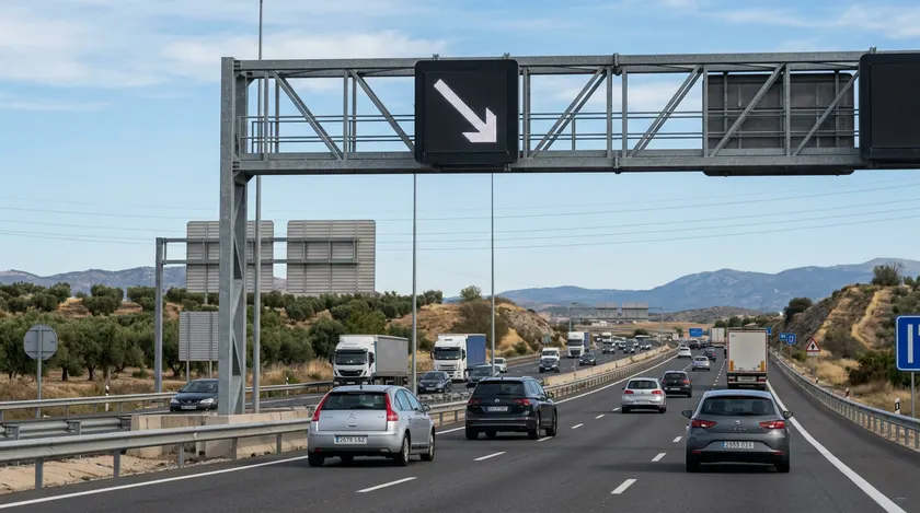 Panel sobre un carril de autopista con una flecha blanca en diagonal apuntando hacia abajo