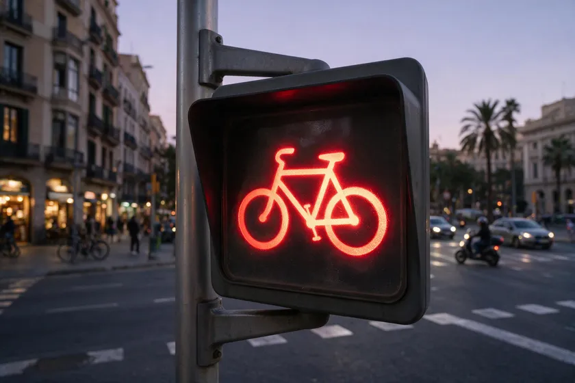 Semáforo con la silueta iluminada de una bicicleta en un carril bici