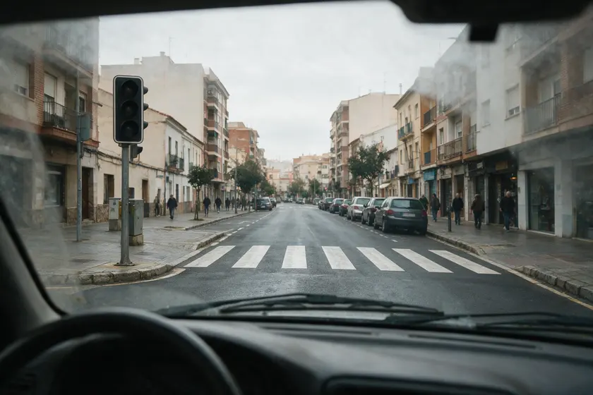 Semáforo urbano completamente apagado, sin ninguna luz encendida, con el paso de peatones delante