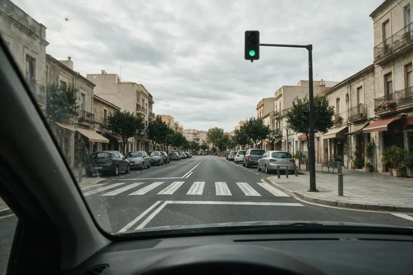 Cruce urbano visto desde el puesto del conductor, con el semáforo en verde y el paso de peatones delante