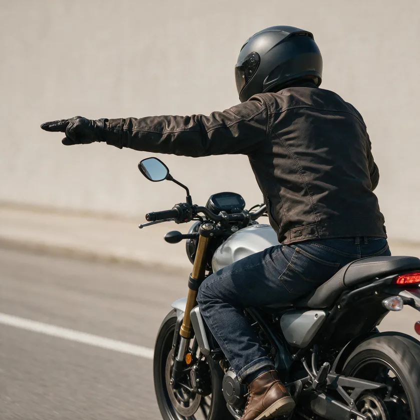 Icono de un motorista señalizando con el brazo extendido horizontalmente su intención de girar o cambiar de dirección