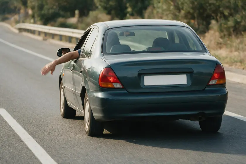 Conductor indicando con el brazo que va a disminuir la velocidad